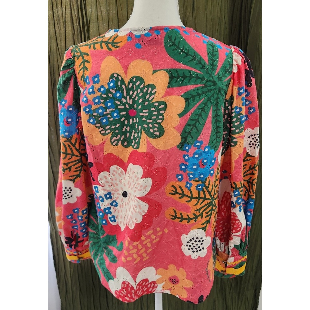Emily‎ Lovelock Shirley Blouse Pink Floral Eyelet Puff Sleeve Top Small - Picture 3 of 6